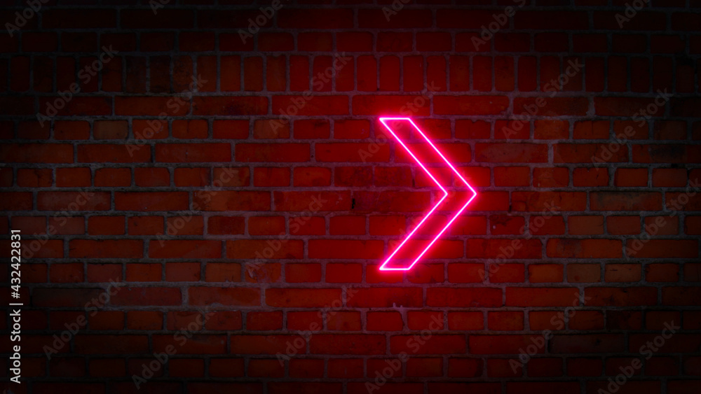 Poster 3d rendering of glowing neon arrows on a brick wall background. can be used to create a variety of p