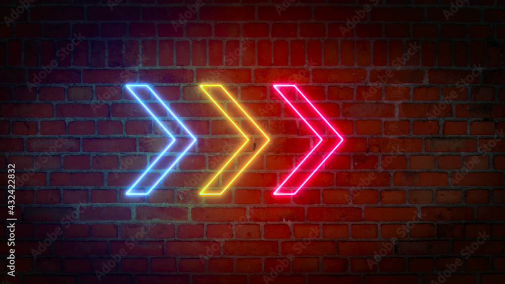 Poster 3d rendering of glowing neon arrows on a brick wall background. can be used to create a variety of p