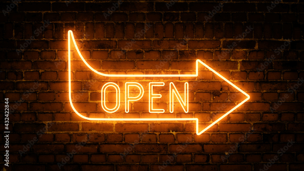 Poster 3d rendering of glowing neon arrows with the inscription open on a brick wall background