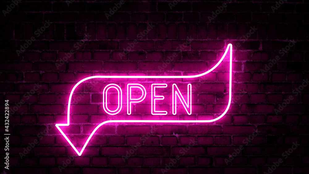 Poster 3d rendering of glowing neon arrows with the inscription open on a brick wall background