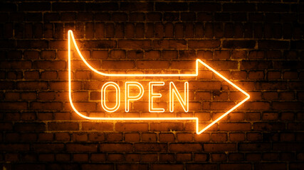 3D rendering of glowing neon arrows with the inscription open on a brick wall background