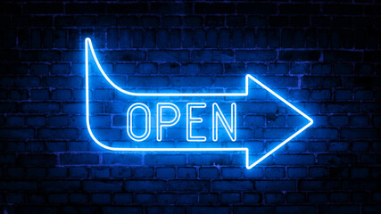 Obraz premium 3D rendering of glowing neon arrows with the inscription open on a brick wall background