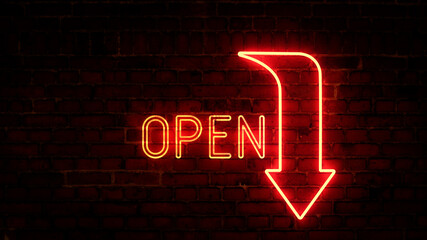 3D rendering of glowing neon arrows with the inscription open on a brick wall background