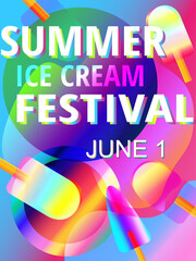 Summer ice cream festival poster template. Psychedelic colorful poster for festival ice-cream