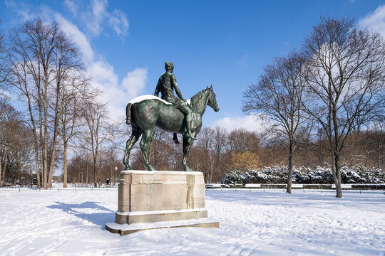 "Amazone zu Pferde" (Amazon on horseback) is an outdoor 1895 bronze equestrian statue by Prussian sculptor Louis Tuaillon installed in Tiergarten Berlin