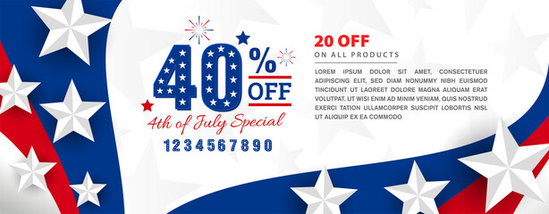 Obraz na płótnie Canvas USA 4th of July special sale, offer, discount, promotional design with additional numbers to use on modern United States national flag wave with 3d star promotional template.