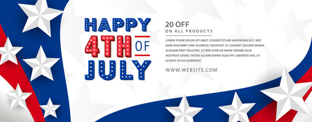 Obraz na płótnie Canvas United States of America happy 4th of July modern trendy design with 3d star lettering, typography design. on modern United States national flag wave with 3d star promotional template. 