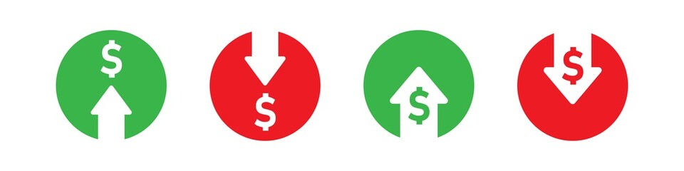 Dollar up symbol. Money down icon set. Prise low arrow sign in vector flat