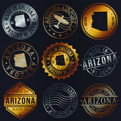 Arizona, USA Business Metal Stamps. Gold Made In Product Seal. National Logo Icon. Symbol Design Insignia Country.