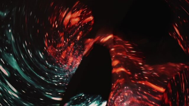 Galaxy universe. Inspired woman. Space energy. Transcendent harmony. Freedom mind. Expressive silhouette dancing lady moving on neon light green red sparkle glowing cosmic spiral double exposure.