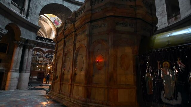 Tilt Up Shot Of Edicule In Church Of The Holy Sepulcher, Interior Of Historic Church - Jerusalem, Israel