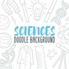 Sciences Doodle Banner Icon. Research Vector Illustration Hand Drawn Art. Line Symbols Sketch Background.