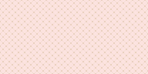 Gold minimal floral geometric seamless pattern. Simple vector gold and pink abstract background with small flowers, tiny crosses, grid, lattice. Subtle minimalist repeat texture. Luxury geo design