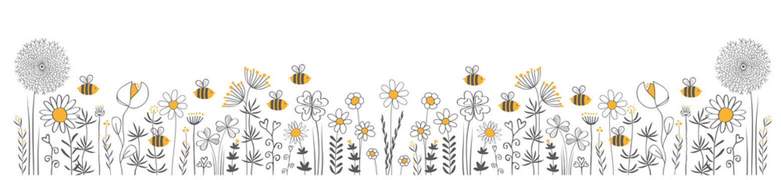 blumenwiese sommer mit bienen illustration vektor banner 