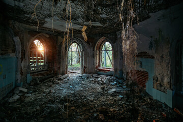 Inside old ruined abandoned historical Khvostov's mansion in Gothic style
