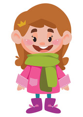 A girl in a warm jacket and a green scarf. Baby s winter outfit. Big head. In a cartoon cute style. Vector over white background. Character schoolboy.