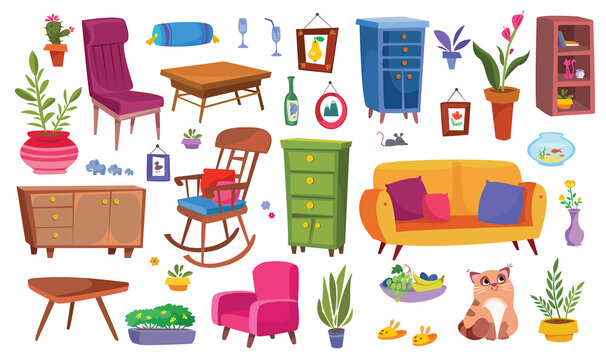 Home furniture big clipart set. Household items, sofa, chair, wardrobe and plants are funny. Illustrations in cartoon style flat. Vector isolated on white background fun