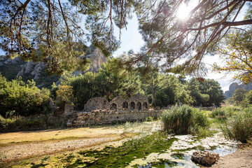 Ruins of Olympos (Olympus) Ancient Cİty. Cirali beach. Antalya, Turkey. Travel and tourism background.