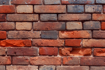 Old shabby wall with elements of destroyed bricks. Dark brick background. Can be used as background for design or poster.