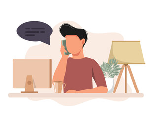 Secretary man sitting at a desk responding to a call. Vector illustration in flat style