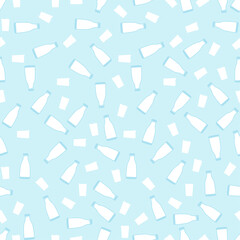 Bottle of milk and glass of milk on a blue background. Seamless pattern. 