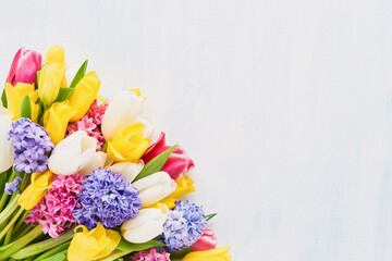 Spring flowers bouquet on a white background. Mothers day, Valentines Day, Birthday celebration concept
