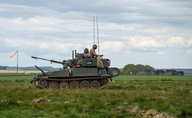 british army FV107 Scimitar armoured tracked military reconnaissance vehicle on maneuvers Salisbury Plain military training area