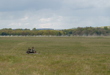 british army FV107 Scimitar armoured tracked military reconnaissance vehicle on maneuvers Salisbury Plain military training area