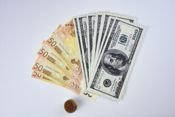 dollars and euros lined up one after another 