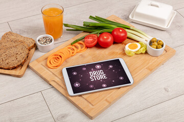 Tablet Pc with fruits, healthy concept