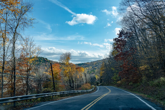 A winding road in fall foliage