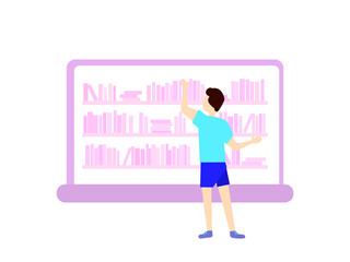 Vector stock  illustration. Tiny man choosing  book. Online library in laptop concept.  Flat design