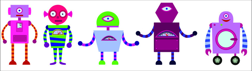 A group of smart robots symbolizing a service concept. Vector illustration.