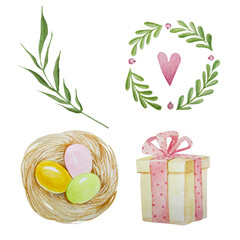 Watercolor easter set on the white background