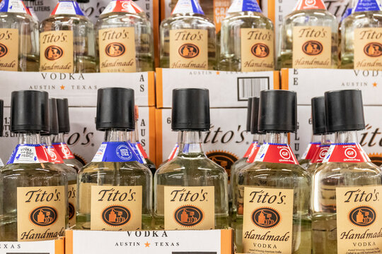 Tito's Handmade Vodka display. Tito's is one of the fastest growing vodkas in the US.
