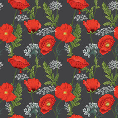 Seamless Papaver Rhoeas Flowers with Baby's-Breath Flowers Pattern