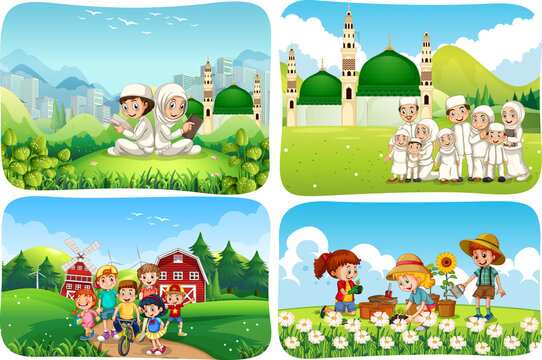 Set of muslim people cartoon character in different scene