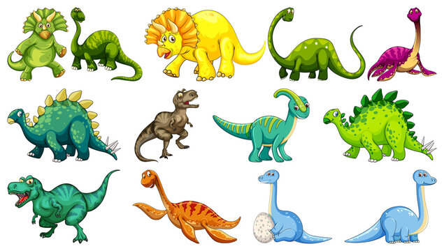 Different dinosaurs cartoon character and fantasy dragons isolated © GraphicsRF