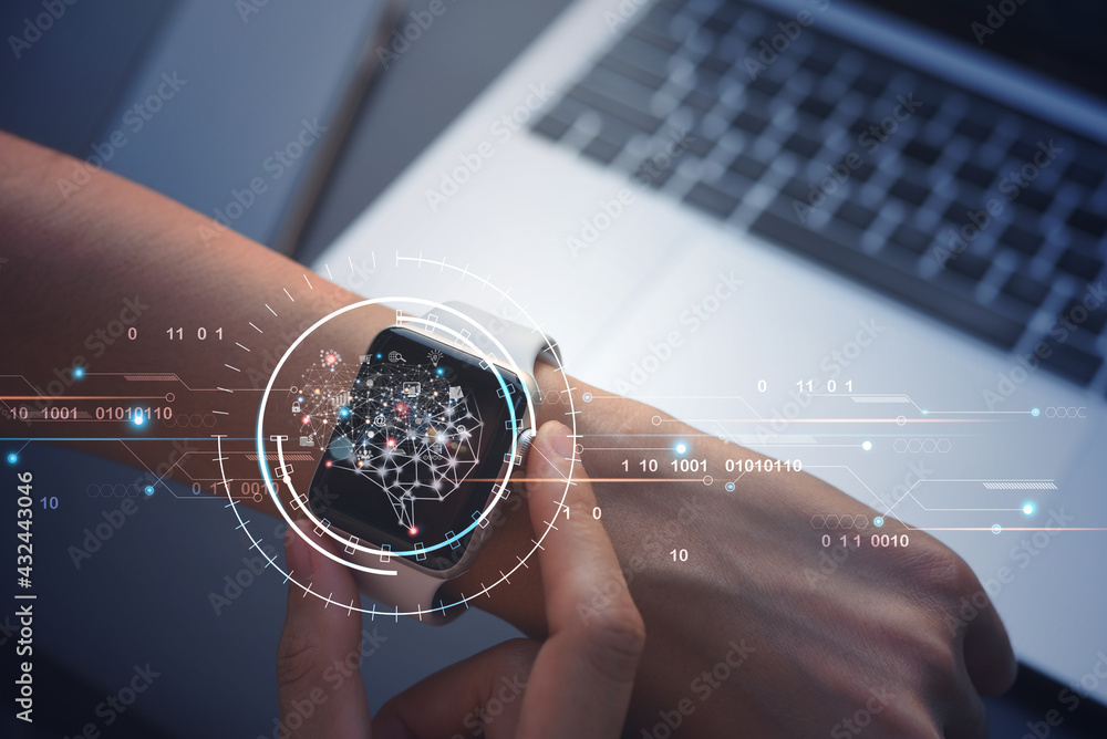 Poster ai artficial intelligence, iot internet of things concept, man using smartwatch with brain represent