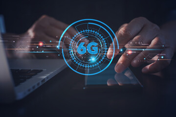 Person using smartphone with 6G network digital hologram and internet of things, high speed internet technology