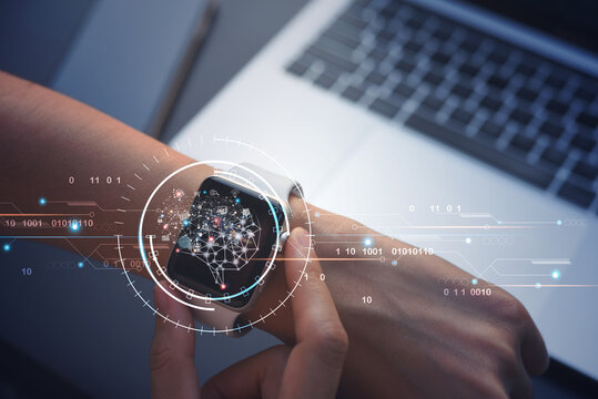 Ai Artficial Intelligence, IoT Internet of Things concept, man using smartwatch with brain representing Ai interface