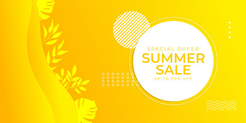 Summer sale banner with paper cut leaves and tropical leaves background, exotic floral design for banner, flyer, invitation, poster, web site or greeting card. Paper cut style, vector illustration