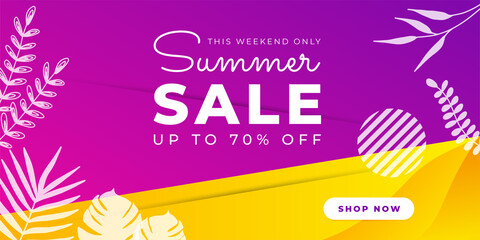Summer Sale promo web banner. Top view on sun glasses, watermelon pieces, cocktail, smartphone, orange and seashells on wooden texture. Vector illustration with spesial discount offer.