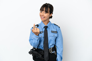 Young police mixed race woman isolated background doing coming gesture