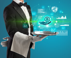 Handsome young waiter in tuxedo holding currency icons on tray