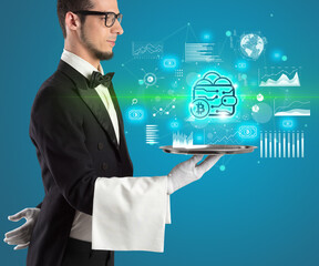 Handsome young waiter in tuxedo holding currency icons on tray