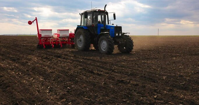 Agriculture Farm Tractor Seeding Machine Field Seeder Village Planter Rural Working Combine Tillage Plowing Agricultural Equipment Season Sowing Grain Spring time Process Planting Seeds Slow motion
