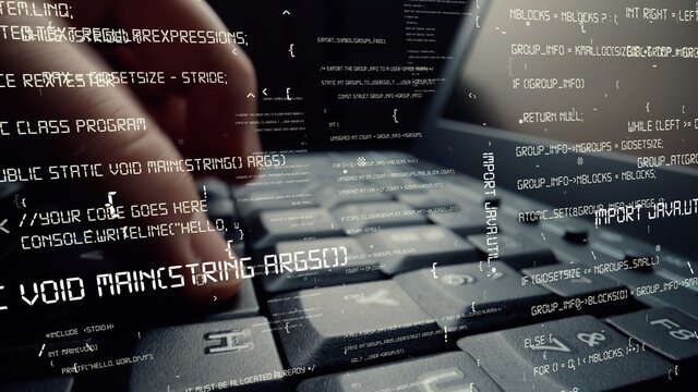 Creative visual of computer programming coding and software development shown by man working on computer keyboard with overlay of computer graphic displaying abstract program codes and computer script