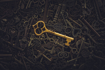 Unique gold key on pile of vintage skeleton keys. Concept for individual or uniqueness, unlocking...