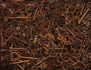 Pile of vintage bronze skeleton keys.